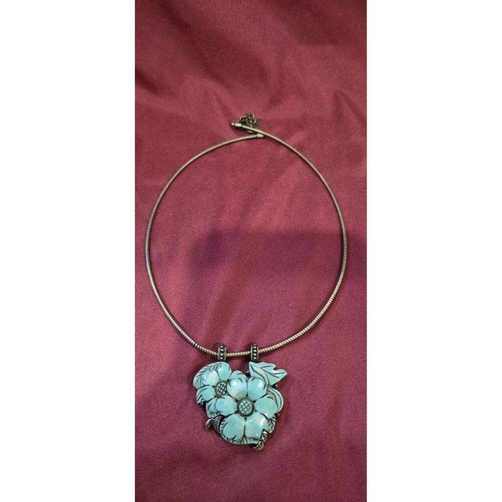 Vintage Monet Choker Necklace Faux Turquoise Carved Blue Flower Pendant Boho